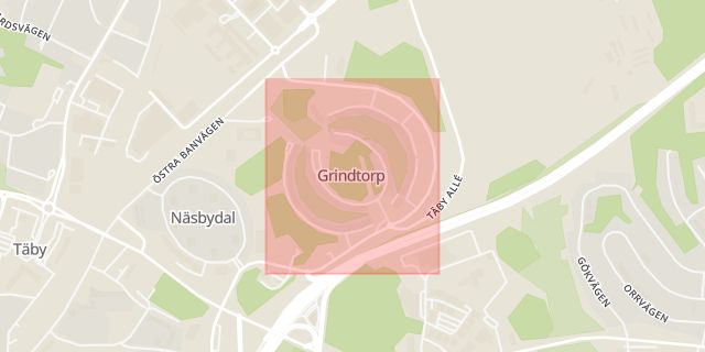 Karta som med röd fyrkant ramar in Parkpromenaden, Grindtorp, Täby, Stockholms län
