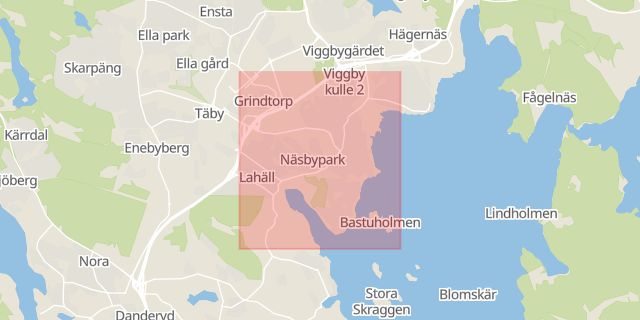 Karta som med röd fyrkant ramar in Näsby Park, Täby, Stockholms län