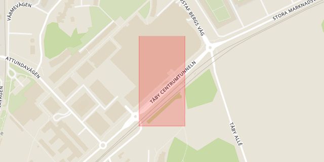 Karta som med röd fyrkant ramar in Roslagsbanan, Täby, Stockholms län