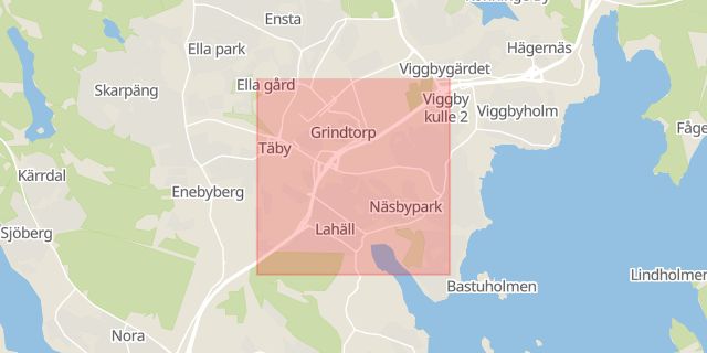 Karta som med röd fyrkant ramar in Roslags Näsby, Täby, Stockholms län