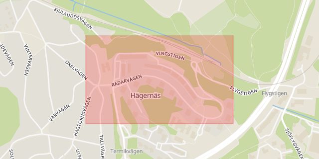 Karta som med röd fyrkant ramar in Arninge, Radarvägen, Täby, Stockholms län