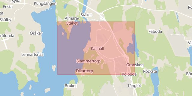 Karta som med röd fyrkant ramar in Stockholm, Kallhäll, Sollentuna, Eknäs, Nacka, Norsborg, Stockholm City, Skeppsbron, Stockholms län