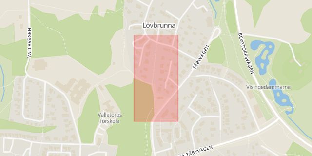 Karta som med röd fyrkant ramar in Erikslund, Visinge, Vallatorp, Lövbrunna, Täby, Stockholms län