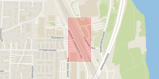 Karta som med röd fyrkant ramar in Rotebro Station, Sollentuna, Stockholms län