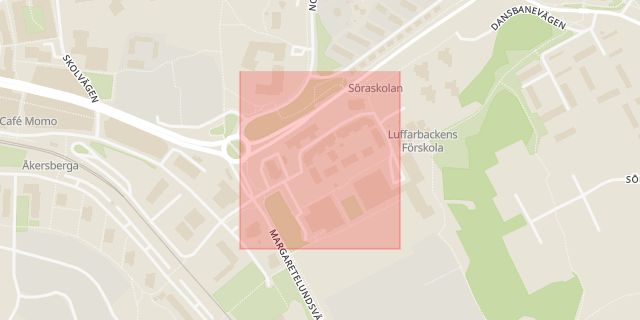 Karta som med röd fyrkant ramar in Luffarbacken, Österåker, Stockholms län