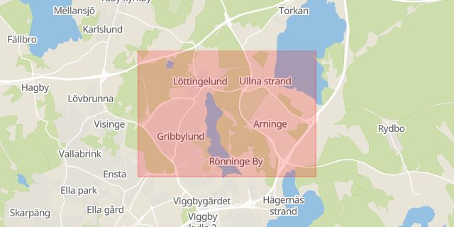 Karta som med röd fyrkant ramar in Gribbylund, Täby, Stockholms län