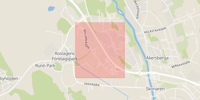 Karta som med röd fyrkant ramar in Rallarvägen, Österåker, Stockholms län