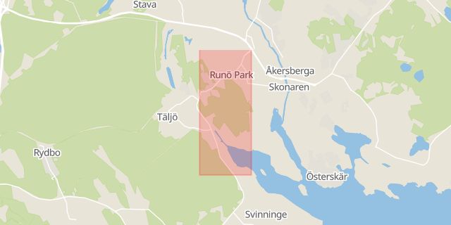 Karta som med röd fyrkant ramar in Runö, Roslagsvägen, Svinningevägen, Österåker, Stockholms län