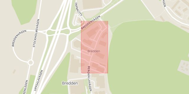 Karta som med röd fyrkant ramar in Bredden, Rotebro, Upplands Väsby, Stockholms län