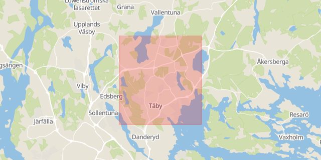 Karta som med röd fyrkant ramar in Täby Kyrkby, Norrortsleden, Vallavägen, Stallet, Täby, Stockholms län