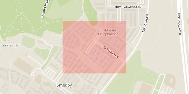 Karta som med röd fyrkant ramar in Sadelgatan, Smedby, Upplands väsby, Stockholms län