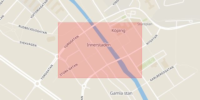 Karta som med röd fyrkant ramar in Stora Gatan, Köping, Västmanlands län