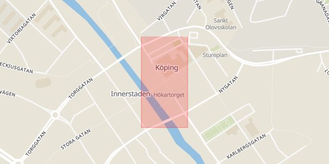 Karta som med röd fyrkant ramar in Glasgatan, Stora Gatan, Köping, Västmanlands län