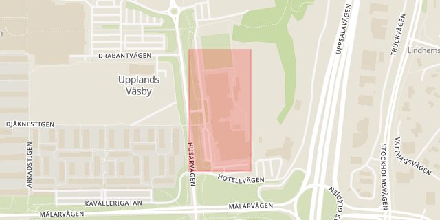 Karta som med röd fyrkant ramar in Vilundaparken, Väsby, Upplands väsby, Stockholms län