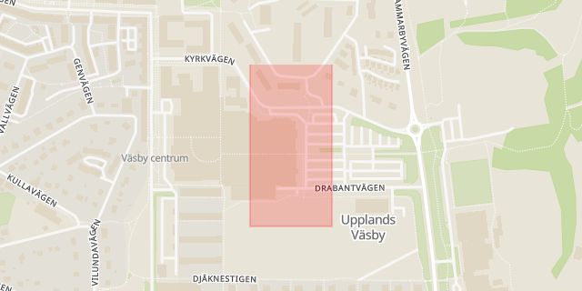Karta som med röd fyrkant ramar in Väsby Centrum, Upplands Väsby, Stockholms län