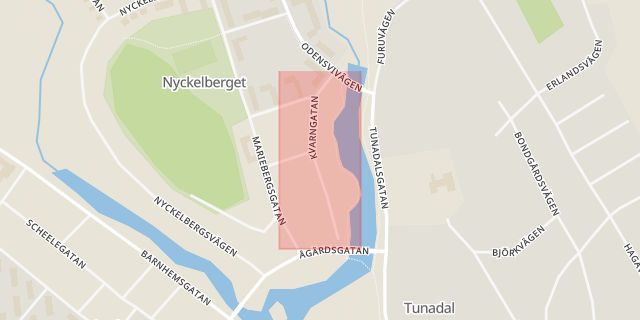 Karta som med röd fyrkant ramar in Kvarngatan, Köping, Västmanlands län