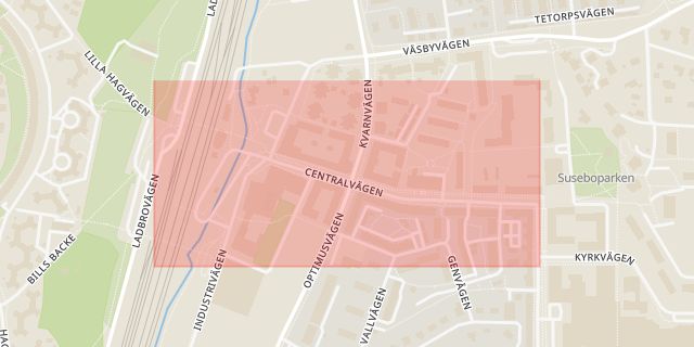 Karta som med röd fyrkant ramar in Centralvägen, Upplands väsby, Stockholms län