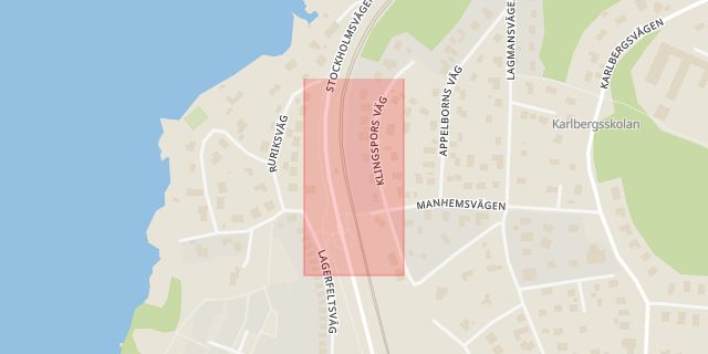 Karta som med röd fyrkant ramar in Roslagsbanan, Vallentuna, Stockholms län