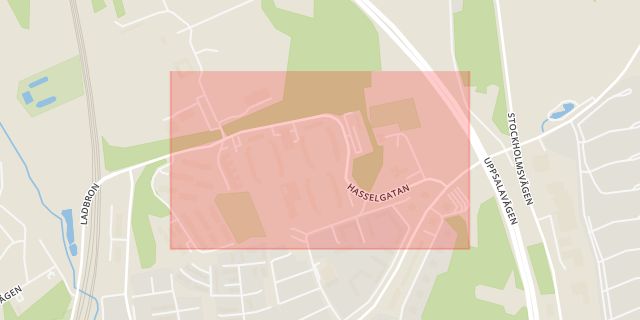 Karta som med röd fyrkant ramar in Väsby, Hasselgatan, Upplands väsby, Stockholms län