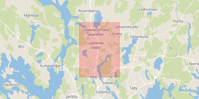 Karta som med röd fyrkant ramar in Väsby, Upplands väsby, Stockholms län