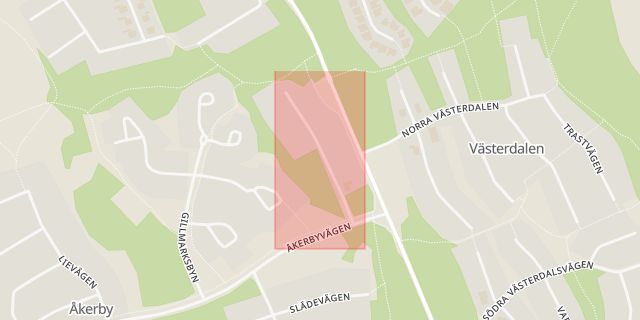 Karta som med röd fyrkant ramar in Travvägen, Bålsta, Håbo, Uppsala län