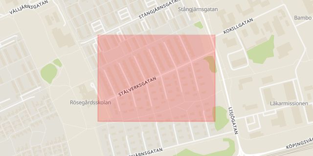 Karta som med röd fyrkant ramar in Stålverksgatan, Västerås, Västmanlands län