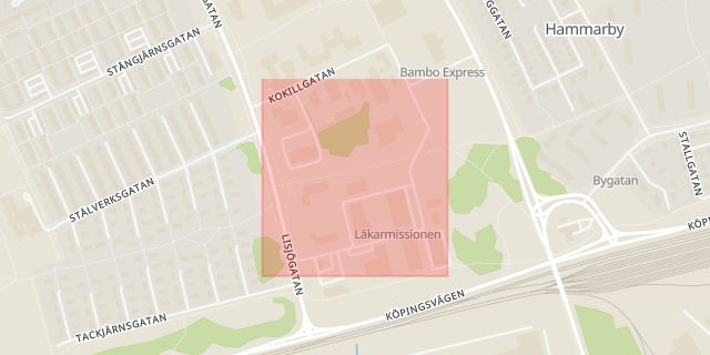 Karta som med röd fyrkant ramar in Gjutjärnsgatan, Västerås, Västmanlands län