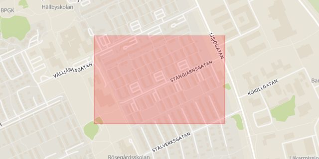 Karta som med röd fyrkant ramar in Stångjärnsgatan, Västerås, Västmanlands län