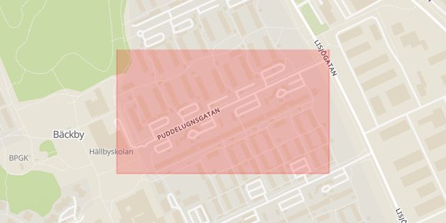 Karta som med röd fyrkant ramar in Puddelugnsgatan, Västerås, Västmanlands län