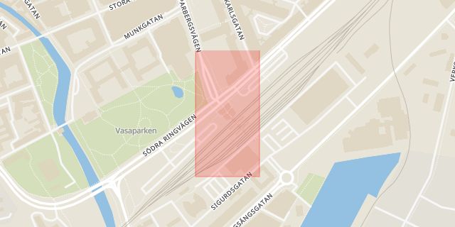Karta som med röd fyrkant ramar in Stenåldersgatan, Centralstationen, Västerås