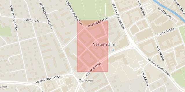 Karta som med röd fyrkant ramar in Västermalmsgatan, Västerås, Västmanlands län
