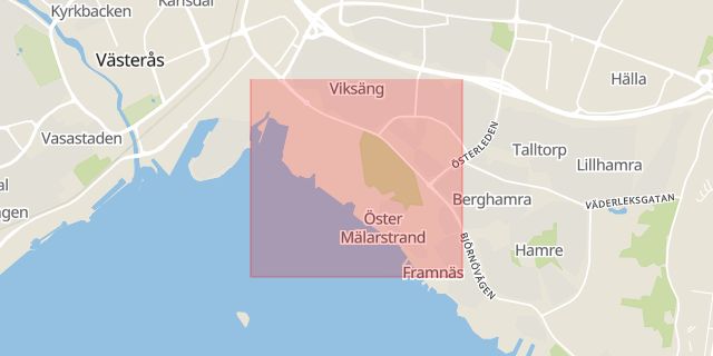 Karta som med röd fyrkant ramar in Öster Mälarstrand, Västerås, Västmanlands län