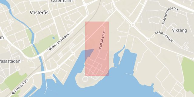 Karta som med röd fyrkant ramar in Verksgatan, Västerås, Västmanlands län