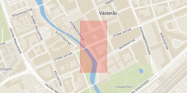 Karta som med röd fyrkant ramar in Arbetsförmedlingen, Stora Gatan, Västerås, Västmanlands län