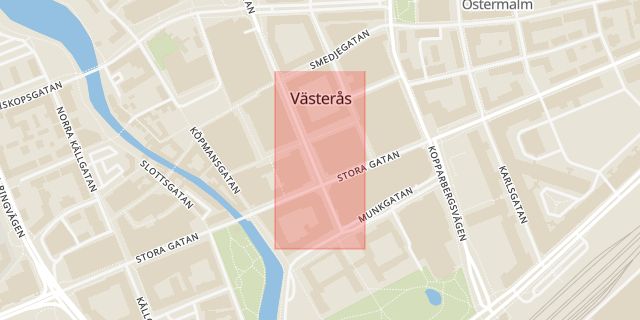 Karta som med röd fyrkant ramar in Åhléns, Västerås, Västmanlands län