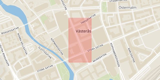 Karta som med röd fyrkant ramar in Varda, Vasagatan, Västerås, Västmanlands län
