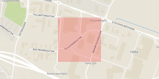 Karta som med röd fyrkant ramar in Glasvingegatan, Västerås, Västmanlands län