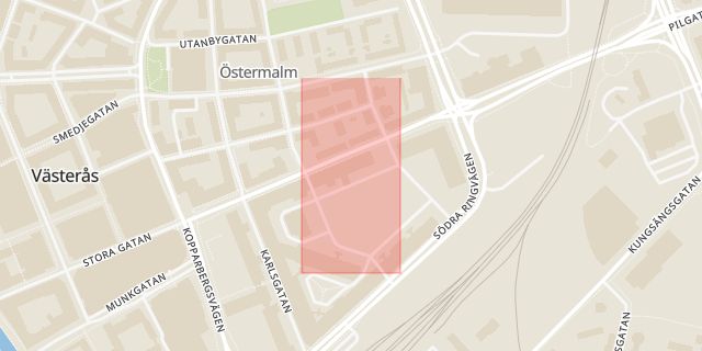 Karta som med röd fyrkant ramar in Lögarängen, Västerås, Västmanlands län
