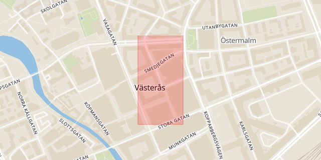 Karta som med röd fyrkant ramar in Sturegatan, Västerås, Västmanlands län