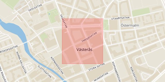 Karta som med röd fyrkant ramar in Smedjegatan, Västerås, Västmanlands län