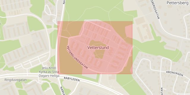 Karta som med röd fyrkant ramar in Vetterslundsgatan, Västerås, Västmanlands län
