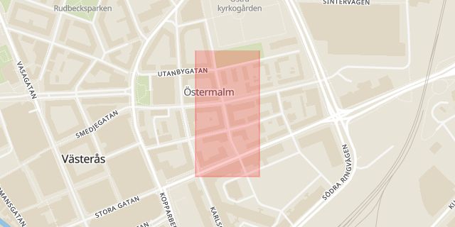 Karta som med röd fyrkant ramar in Mimergatan, Västerås, Västmanlands län