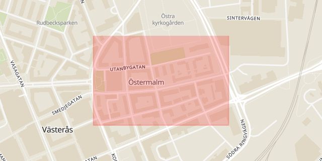 Karta som med röd fyrkant ramar in Östermalm, Gården, Västerås, Västmanlands län