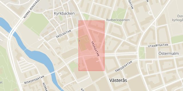 Karta som med röd fyrkant ramar in Stadsbiblioteket, Västerås, Västmanlands län