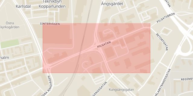 Karta som med röd fyrkant ramar in Pilgatan, Västerås, Västmanlands län