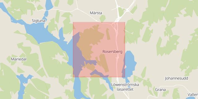 Karta som med röd fyrkant ramar in Rosersberg, Väsby, Upplands väsby, Stockholms län