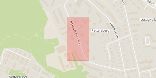 Karta som med röd fyrkant ramar in Pettersbergsgatan, Narvavägen, Västerås, Västmanlands län