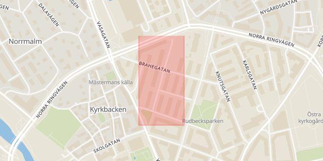 Karta som med röd fyrkant ramar in Tessingatan, Västerås, Västmanlands län