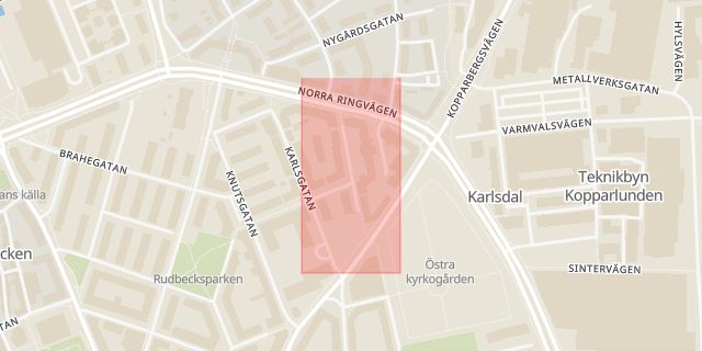 Karta som med röd fyrkant ramar in Södra Allégatan, Västerås, Västmanlands län