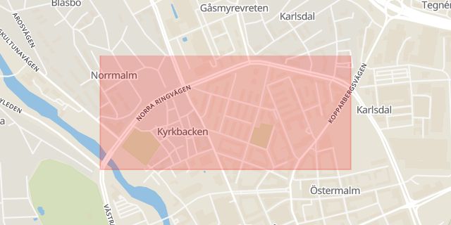 Karta som med röd fyrkant ramar in Mattan, Vasagatan, Norra Ringvägen, Västerås, Västmanlands län